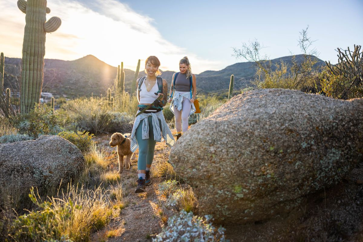 Two hikers smiling beside a giant saguaro