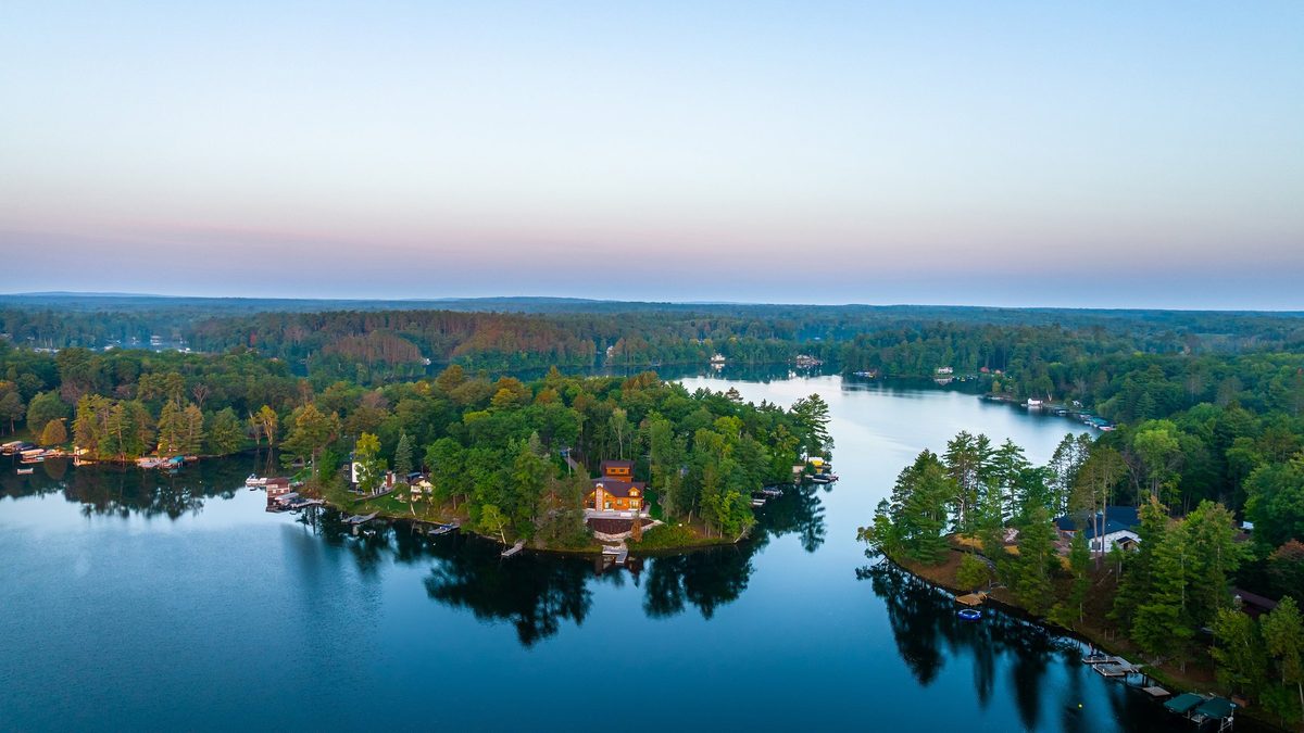 Aerial view of a Dickinson Homes custom lake home