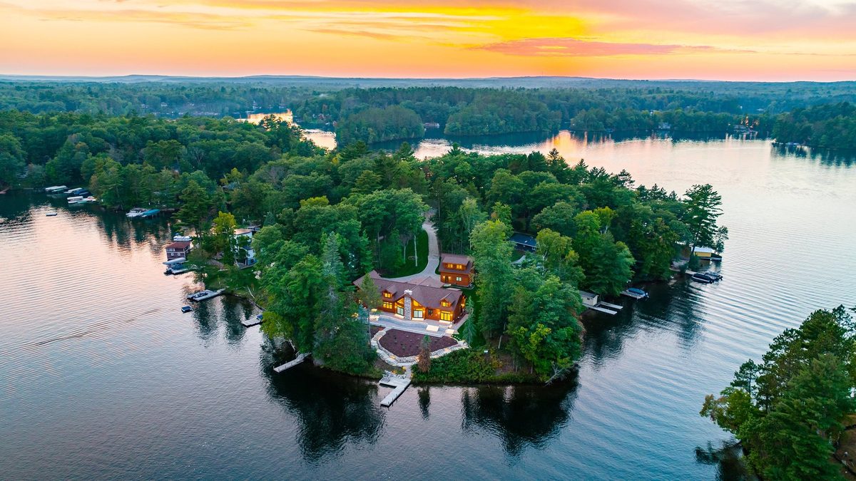 Aerial view of a Dickinson Homes custom lake home