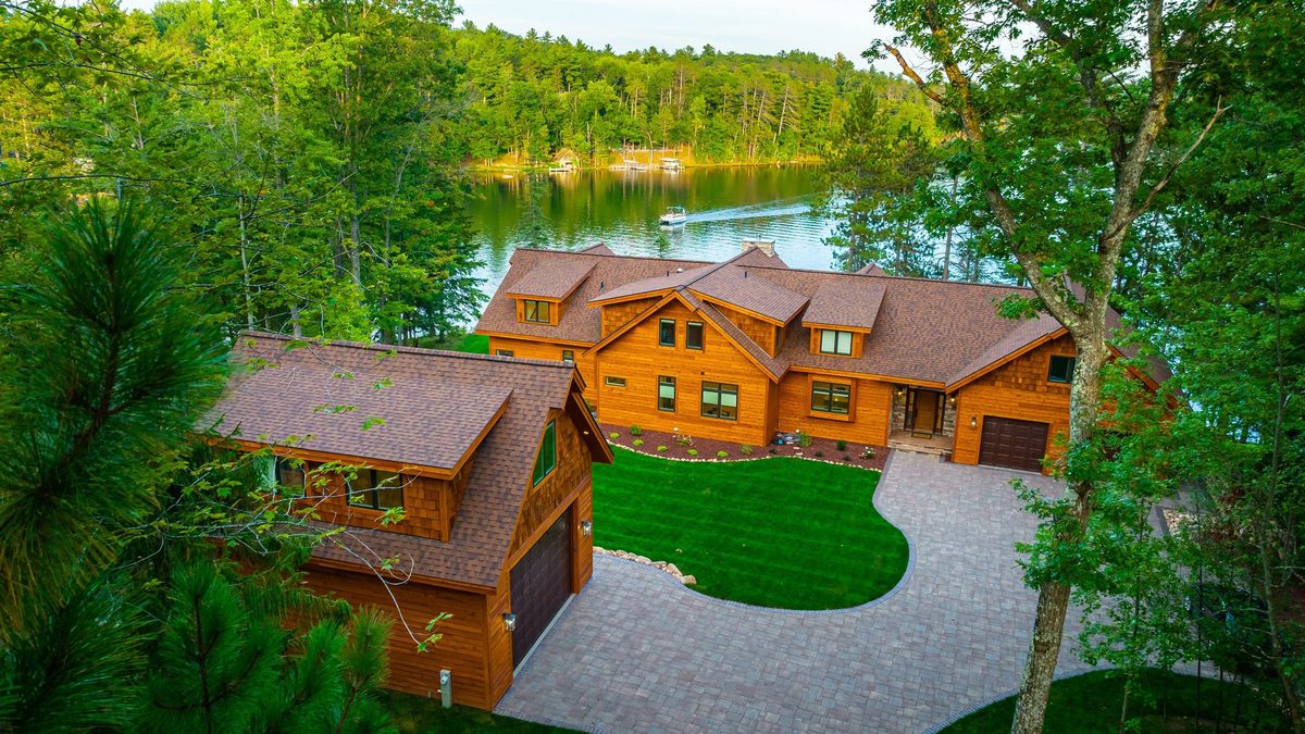 Aerial view of a Dickinson Homes custom lake home