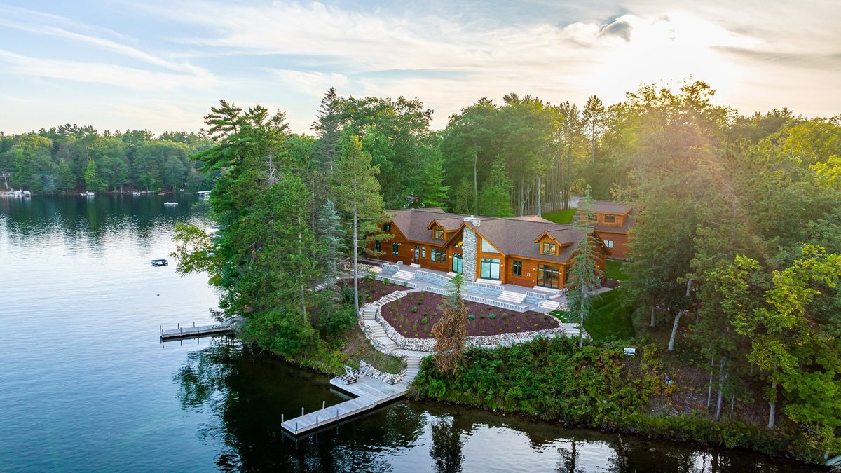Aerial view of a Dickinson Homes custom lake home