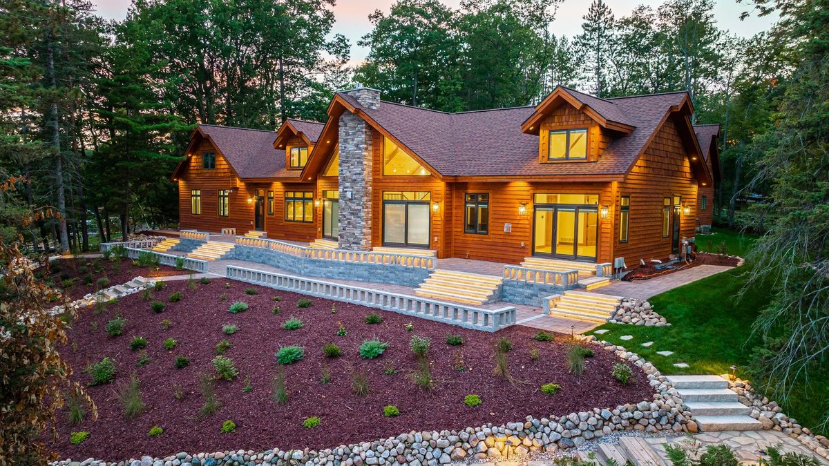 Aerial view of a Dickinson Homes custom lake home