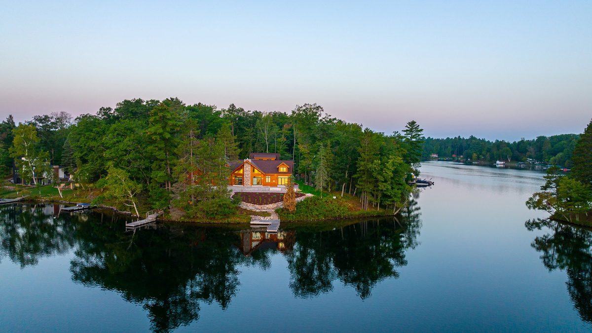 Aerial view of a Dickinson Homes custom lake home