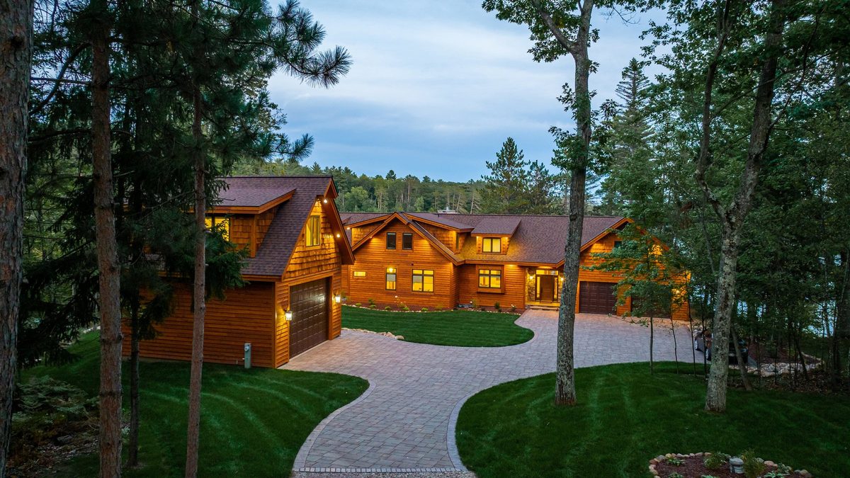Aerial view of a Dickinson Homes custom lake home