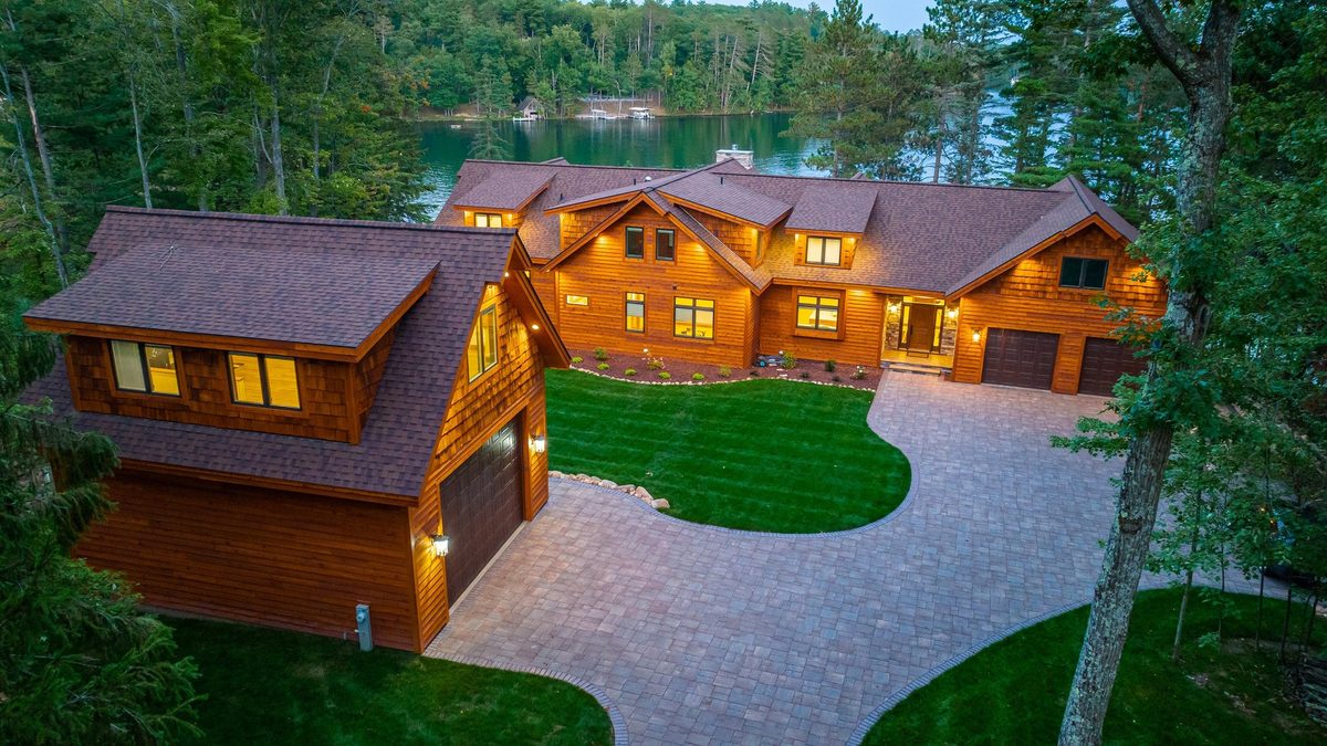 Aerial view of a Dickinson Homes custom lake home