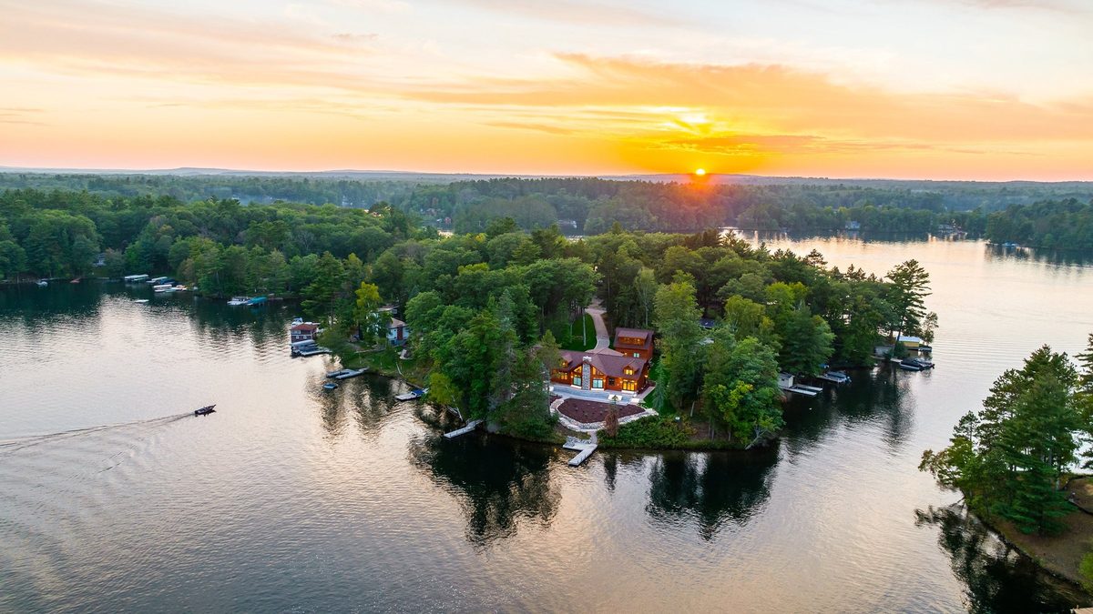 Aerial view of a Dickinson Homes custom lake home