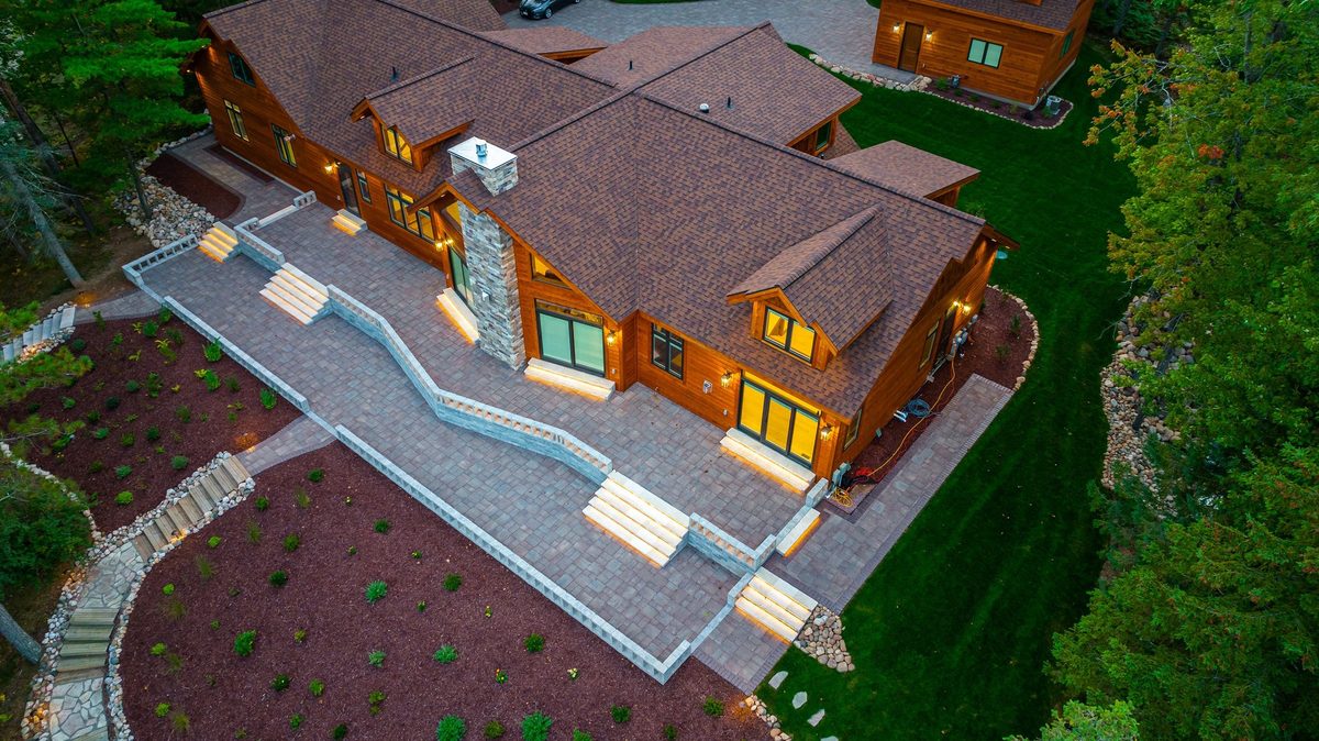 Aerial view of a Dickinson Homes custom lake home