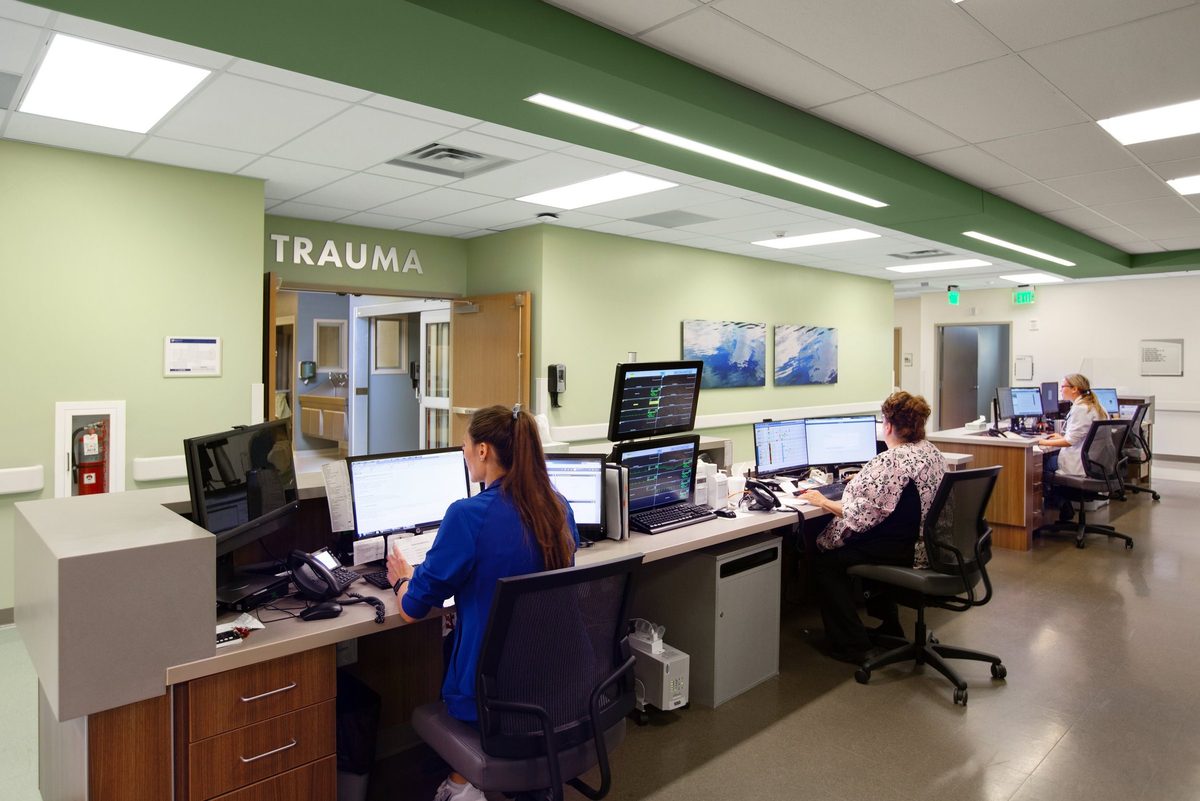 Modern hospital interior, healthcare architecture photography