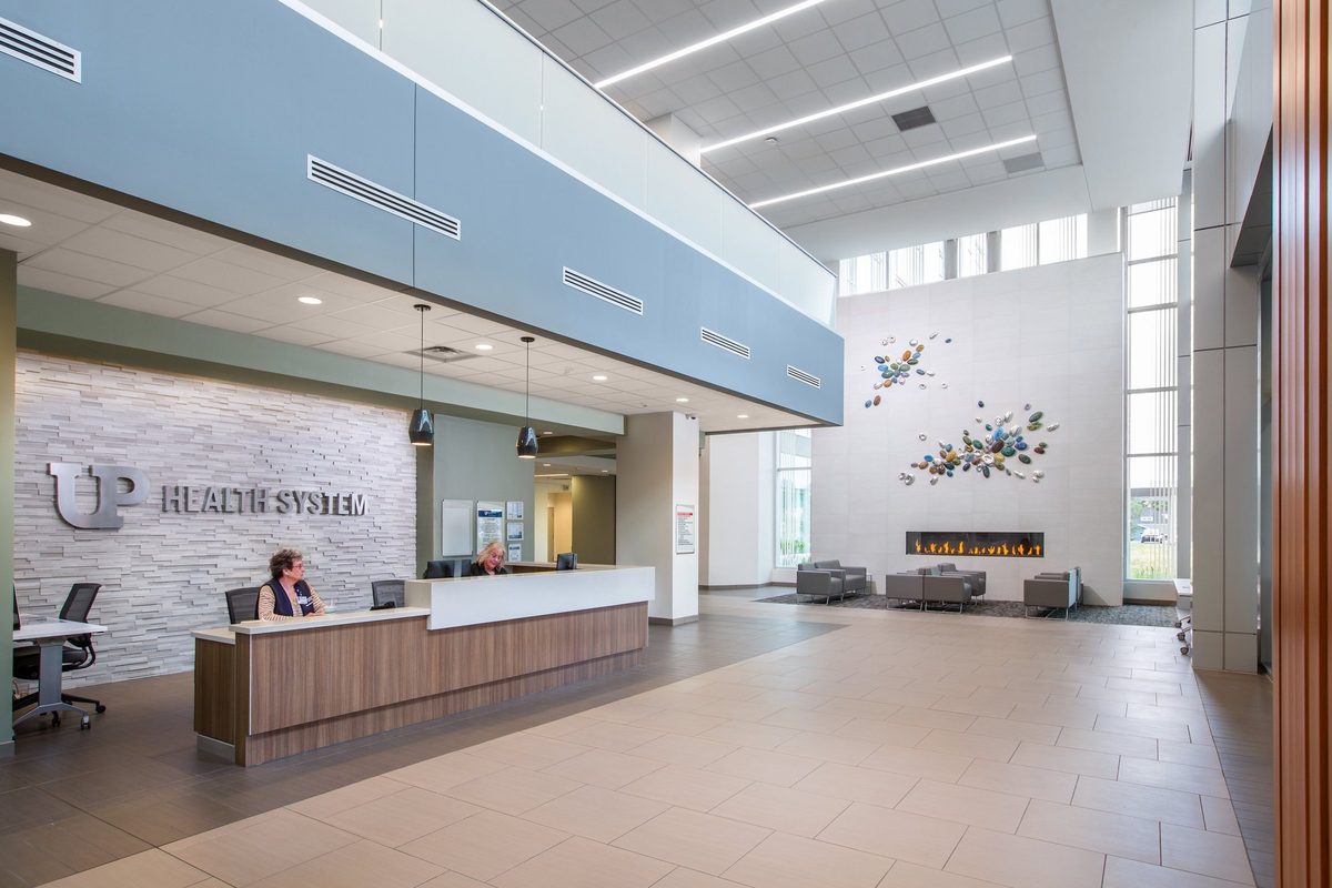 Modern hospital interior, healthcare architecture photography