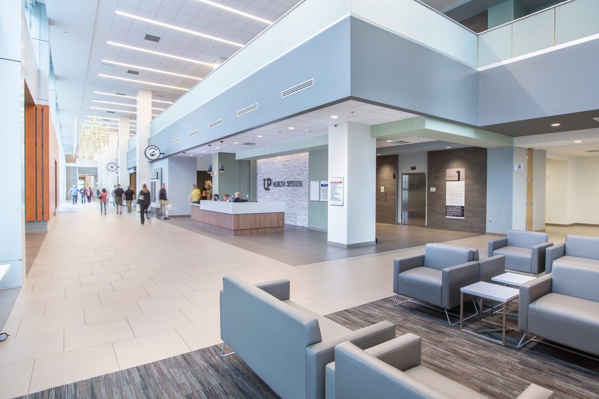 Modern hospital interior, healthcare architecture photography