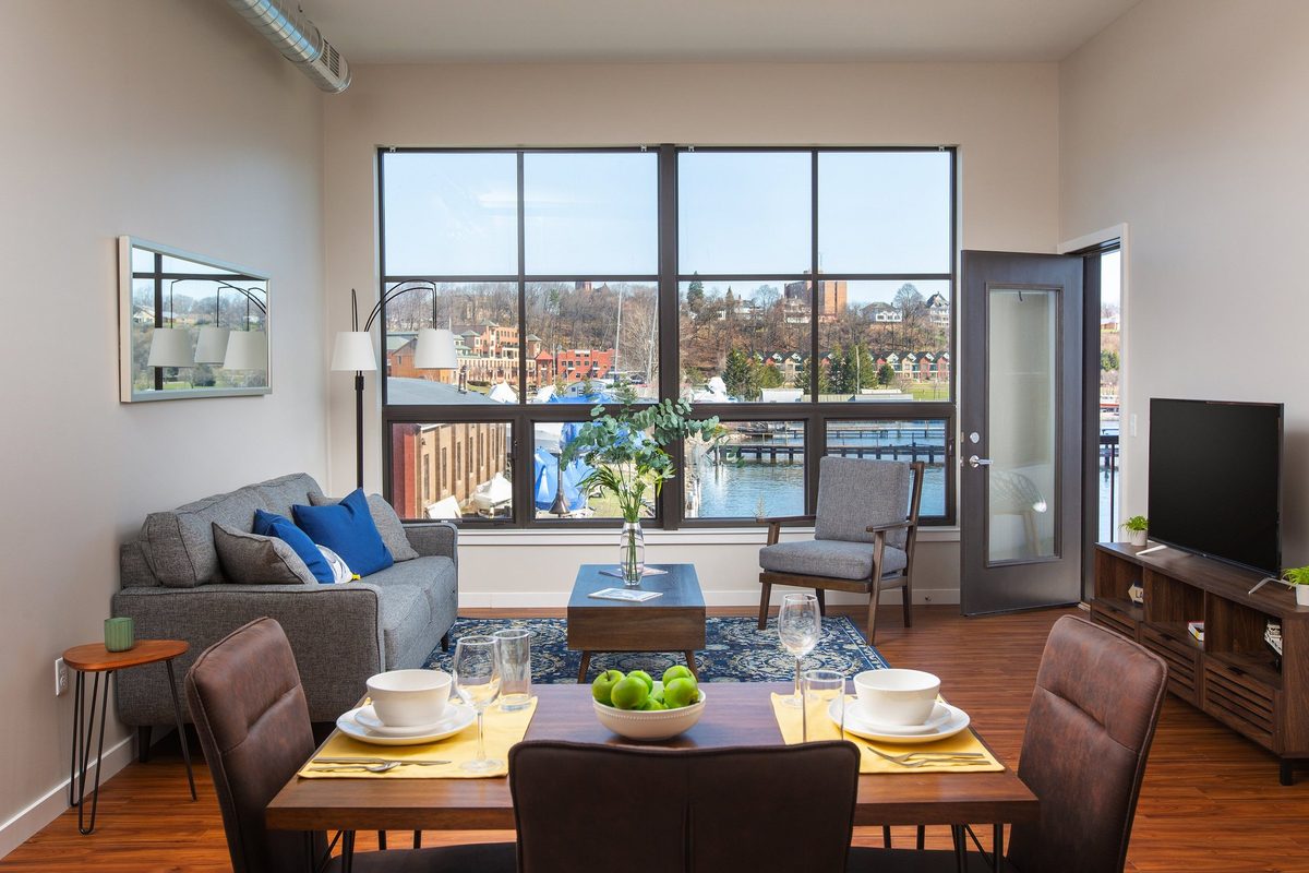 Waterfront condo building and interiors, architectural photography
