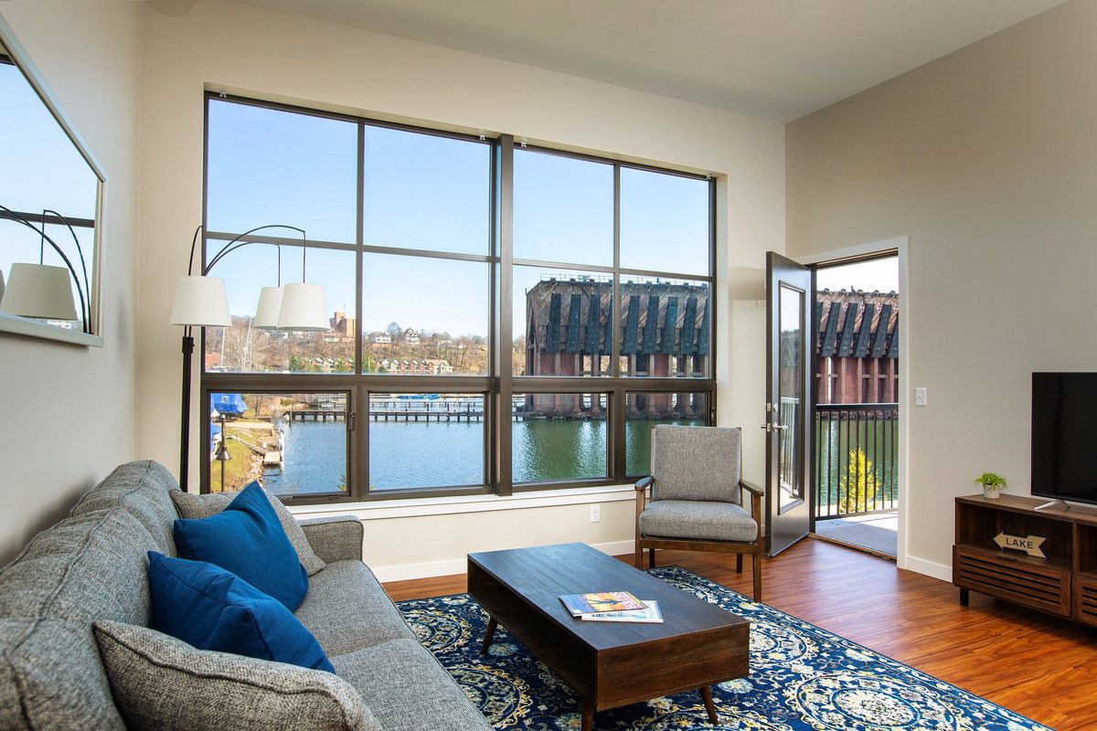 Waterfront condo building and interiors, architectural photography