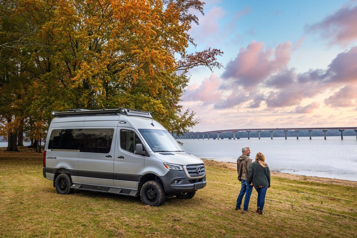 Luxury motorhome on a scenic road, RV lifestyle photography