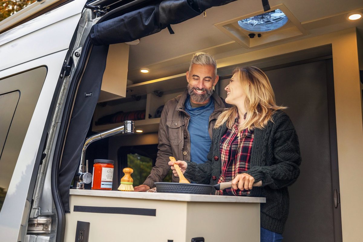 Luxury motorhome on a scenic road, RV lifestyle photography