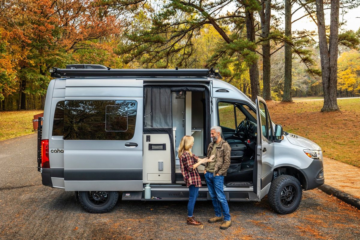 Luxury motorhome on a scenic road, RV lifestyle photography
