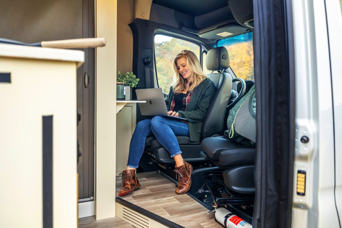 Luxury motorhome on a scenic road, RV lifestyle photography