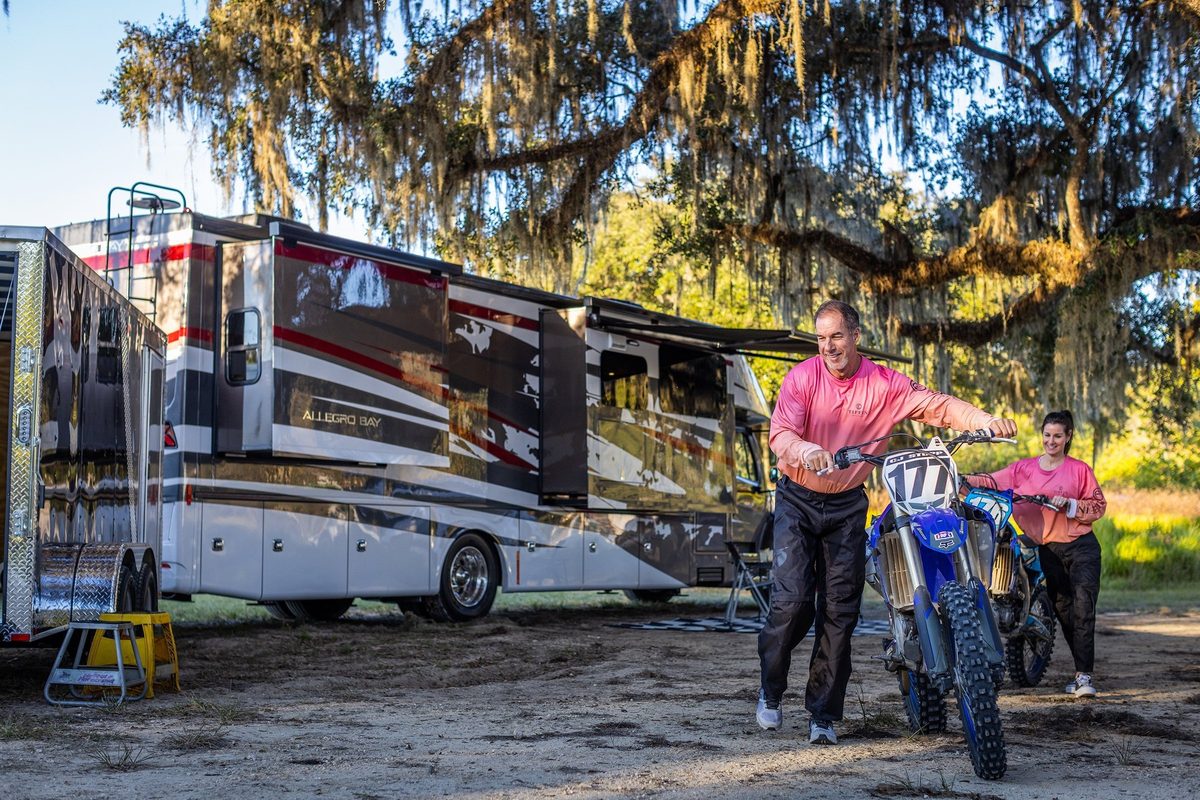 Luxury motorhome on a scenic road, RV lifestyle photography