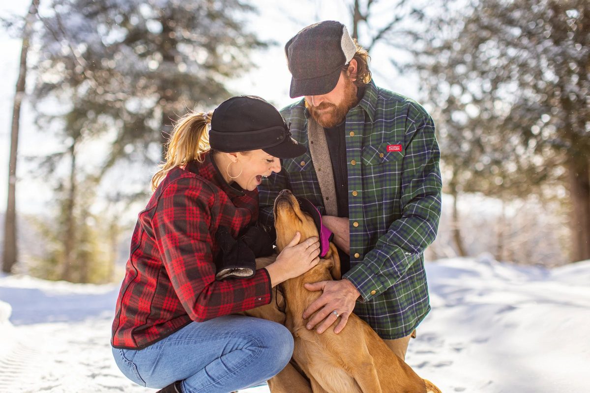 Friends outdoors in rugged Northwoods apparel, lifestyle brand photography