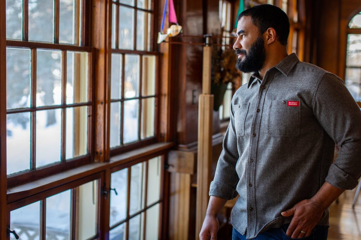 Friends outdoors in rugged Northwoods apparel, lifestyle brand photography