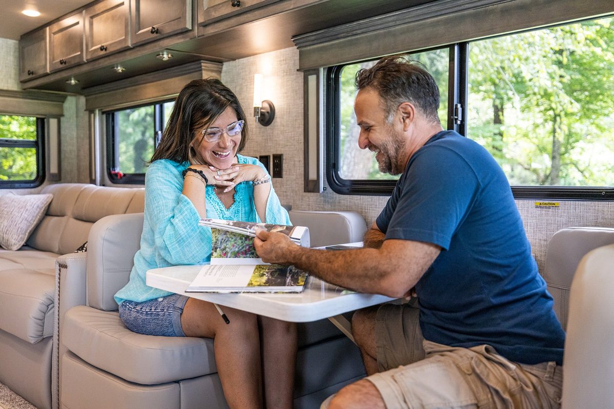 Luxury motorhome on a scenic road, RV lifestyle photography