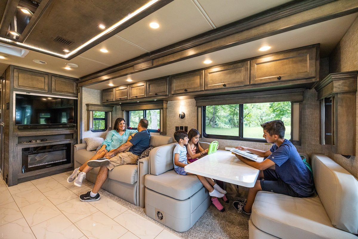 Luxury motorhome on a scenic road, RV lifestyle photography