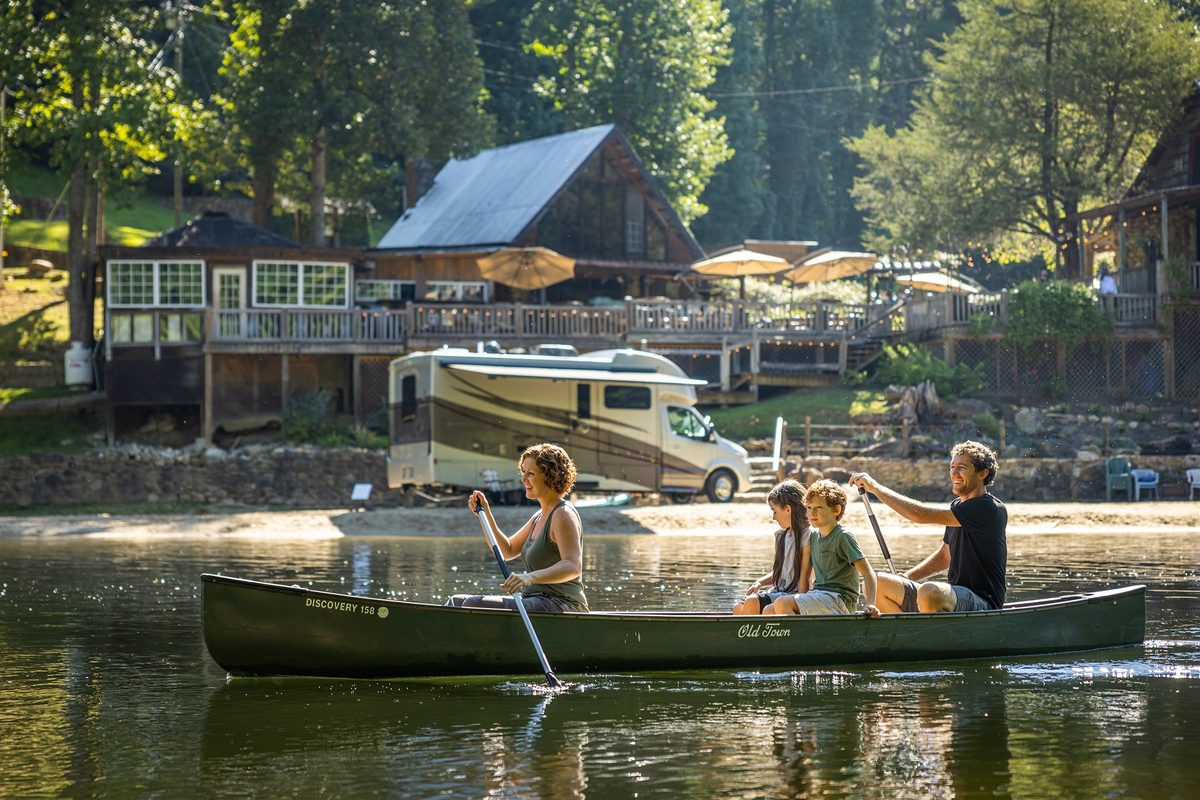 Luxury motorhome on a scenic road, RV lifestyle photography