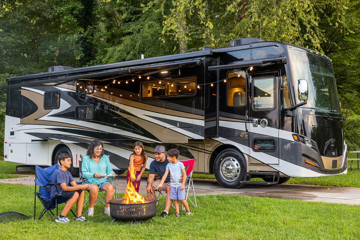 Luxury motorhome on a scenic road, RV lifestyle photography