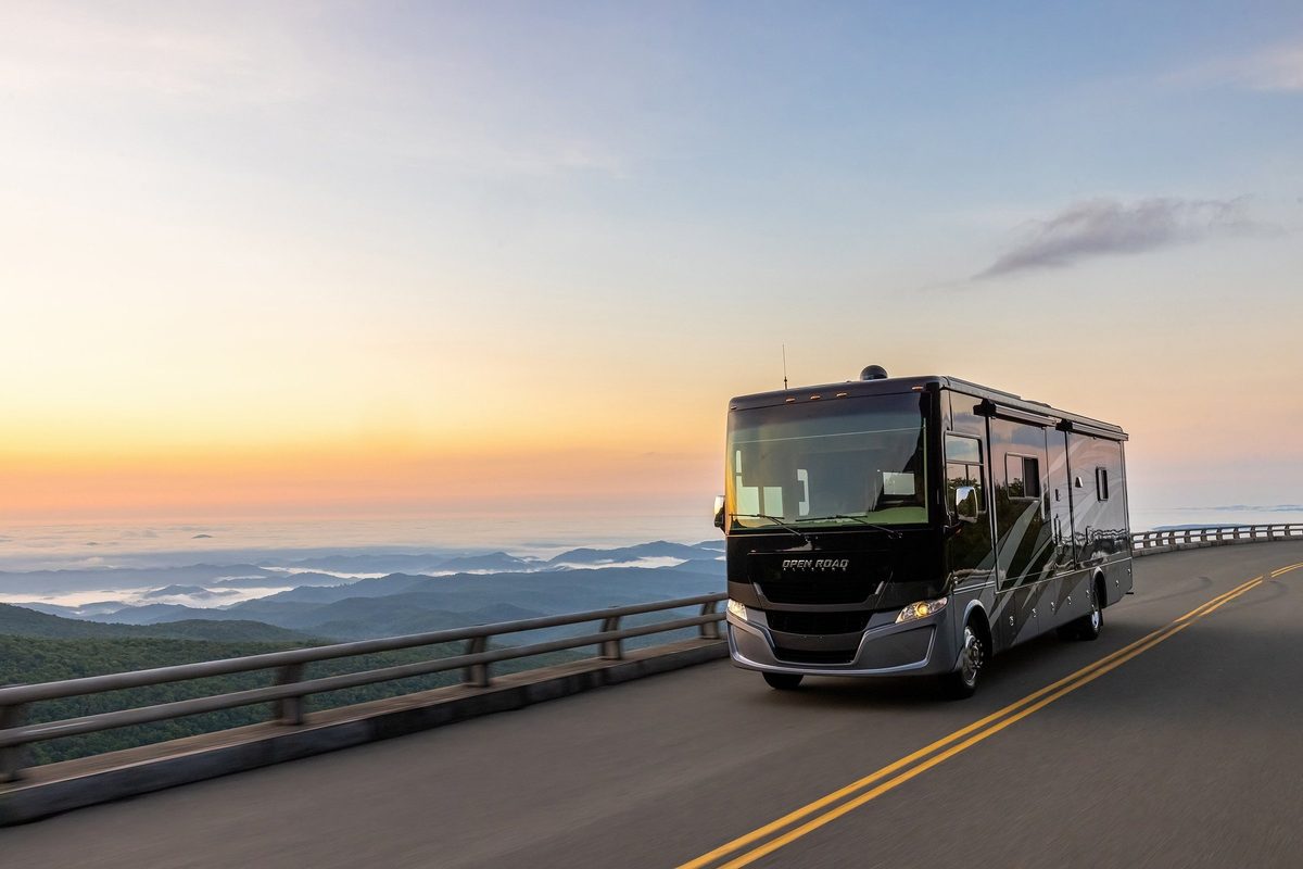 Luxury motorhome on a scenic road, RV lifestyle photography