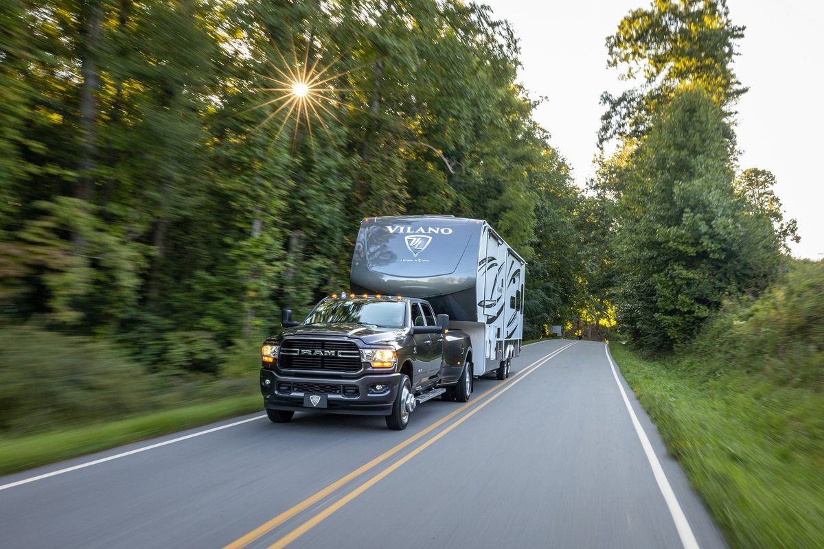 Luxury motorhome on a scenic road, RV lifestyle photography