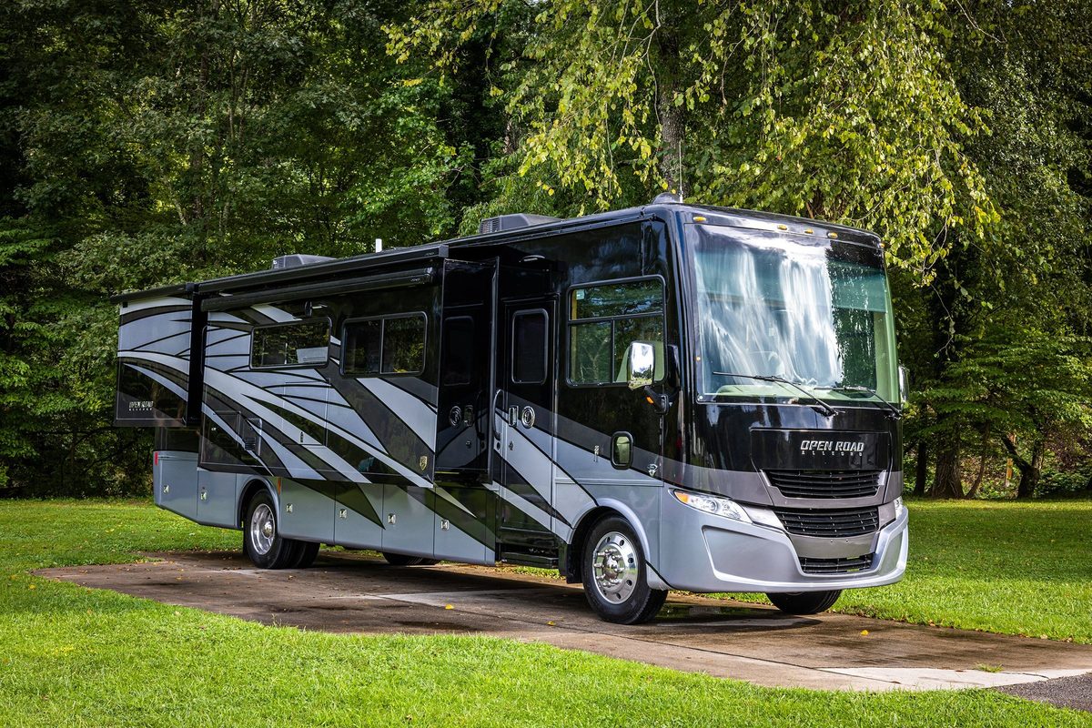 Luxury motorhome on a scenic road, RV lifestyle photography