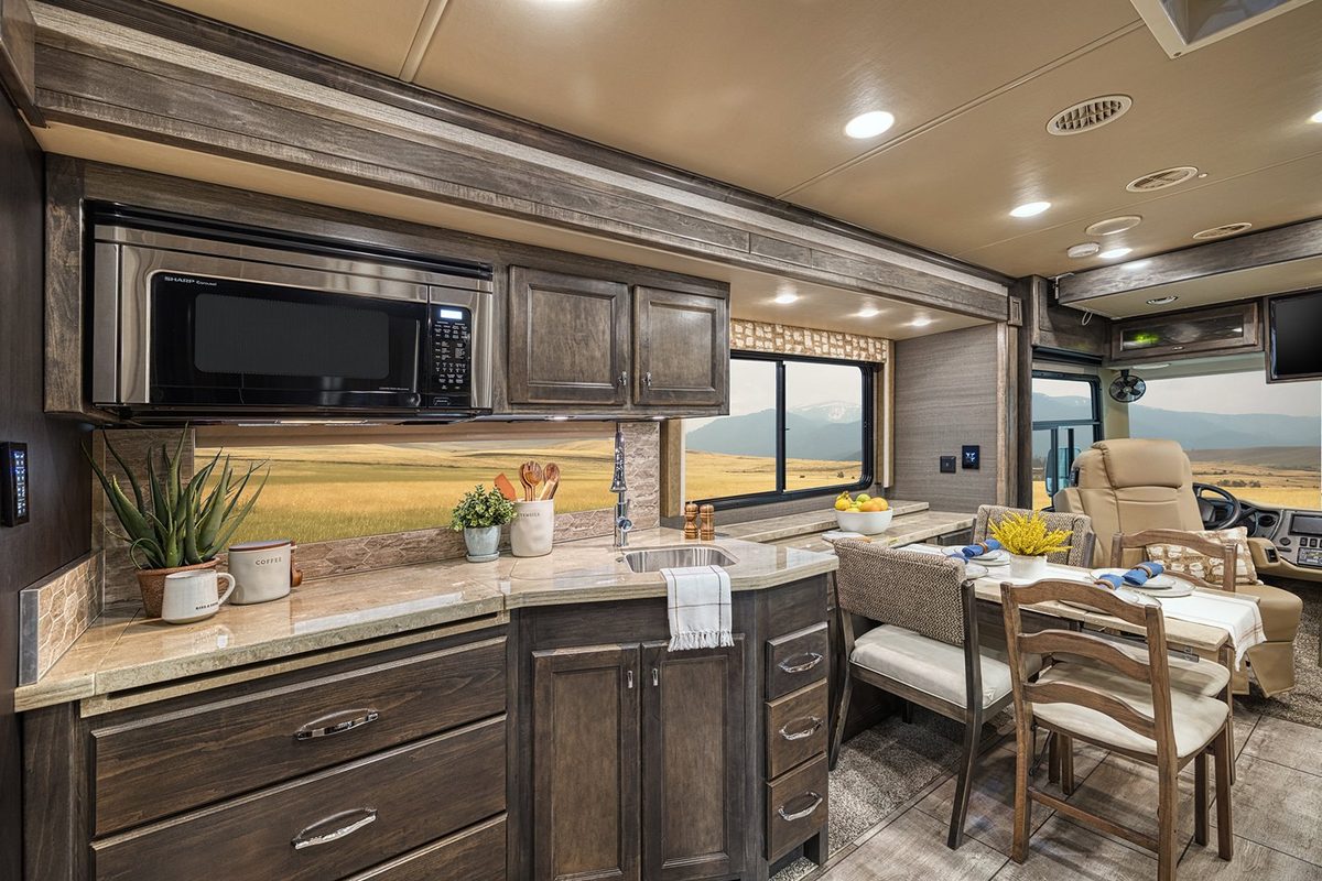 Luxury motorhome on a scenic road, RV lifestyle photography