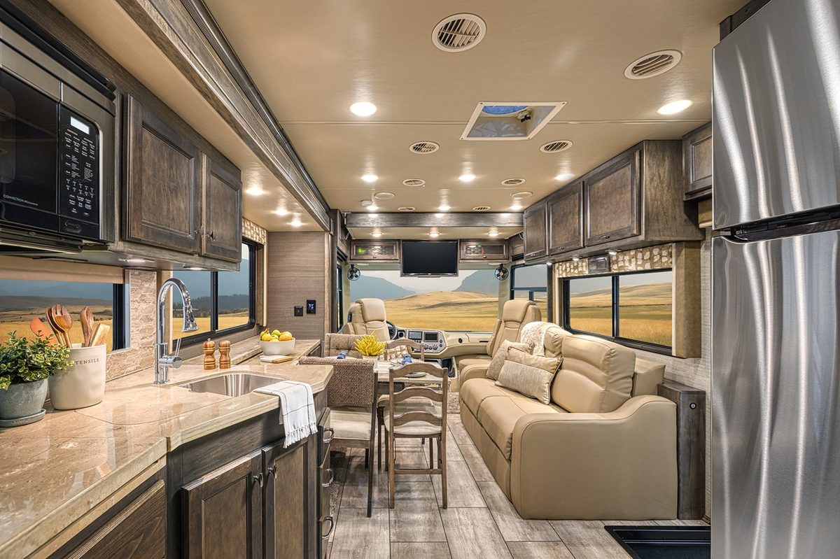 Luxury motorhome on a scenic road, RV lifestyle photography